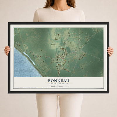Map of Bonneau, South Carolina, 24 x 36 inch print in a black wood frame