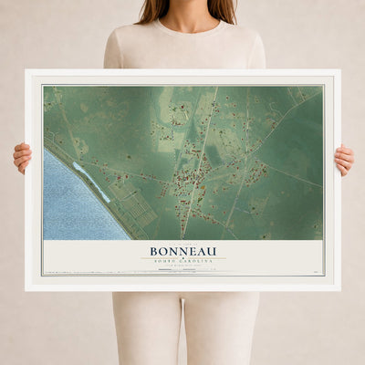 Map of Bonneau, South Carolina, 24 x 36 inch print in a white wood frame
