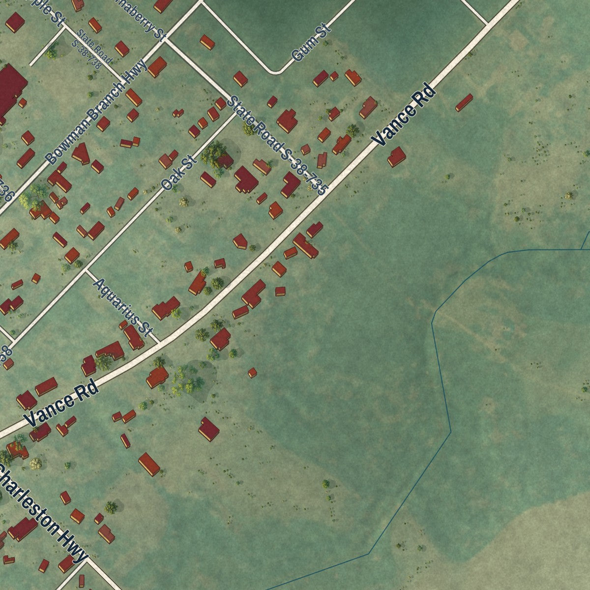 Second close-up of the map of Bowman, South Carolina print showing more streets and buildings