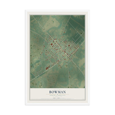 Map of Bowman, South Carolina, 12 x 18 inch print in a white wood frame