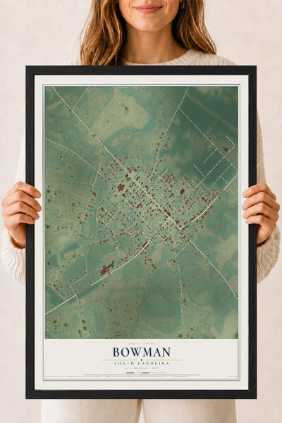 Map of Bowman, South Carolina, 18 x 24 inch print in a black wood frame