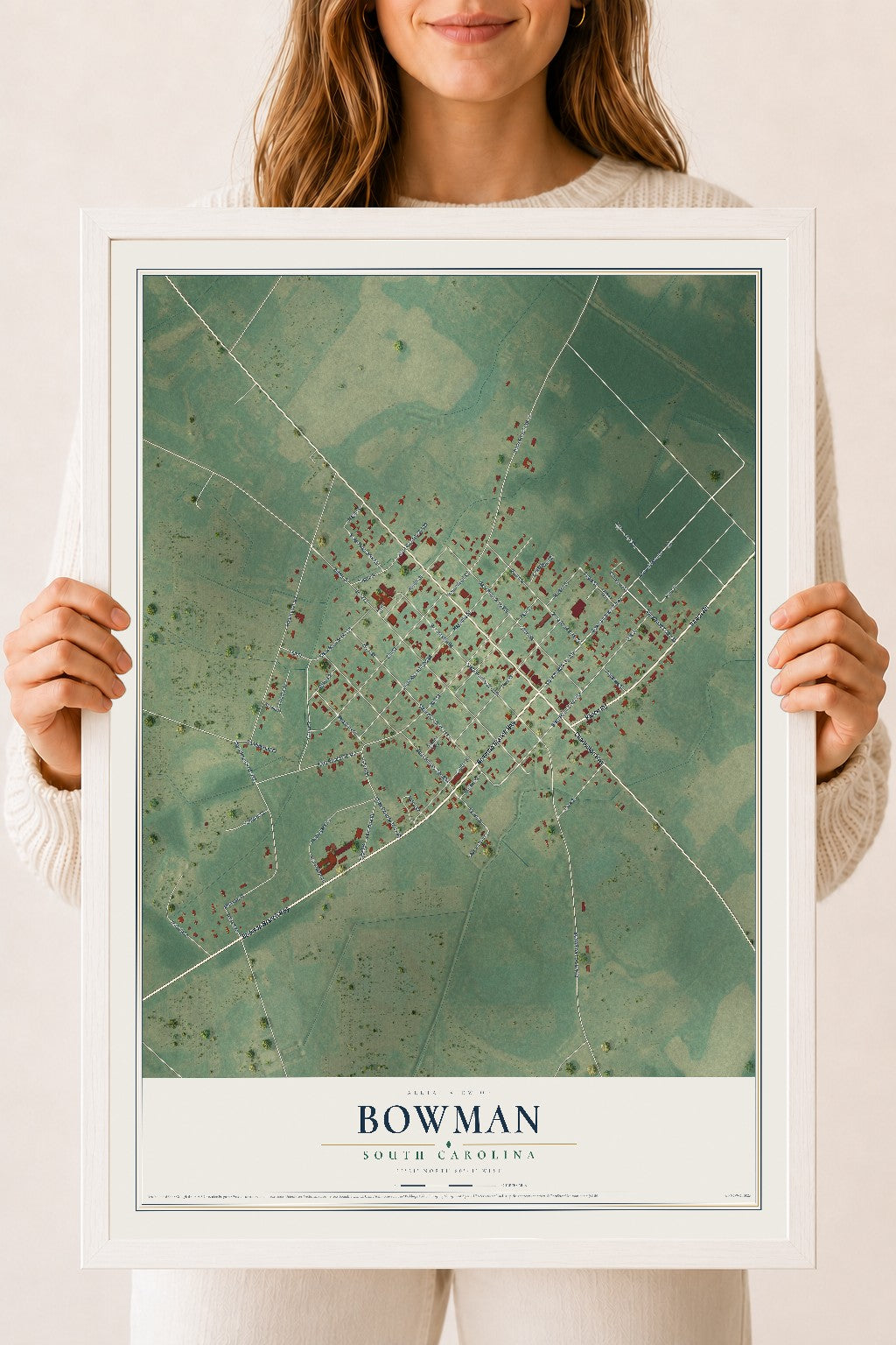 Map of Bowman, South Carolina, 18 x 24 inch print in a white wood frame
