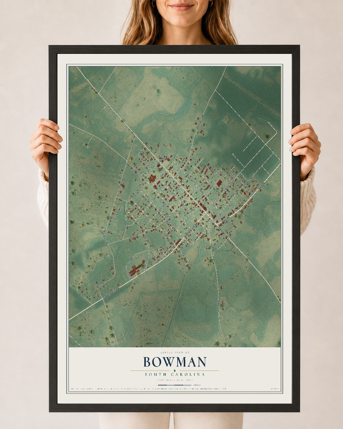 Map of Bowman, South Carolina, 24 x 36 inch print in a black wood frame