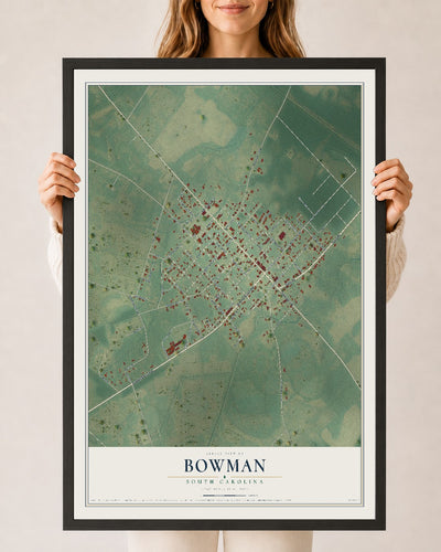 Map of Bowman, South Carolina, 24 x 36 inch print in a black wood frame