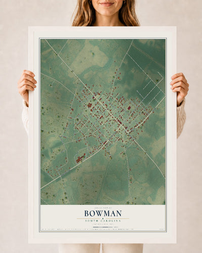 Map of Bowman, South Carolina, 24 x 36 inch print in a white wood frame