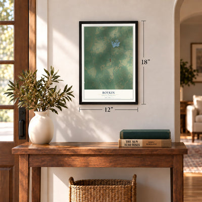 Boykin, South Carolina map, 12 x 18 inch print in a black frame in an entryway