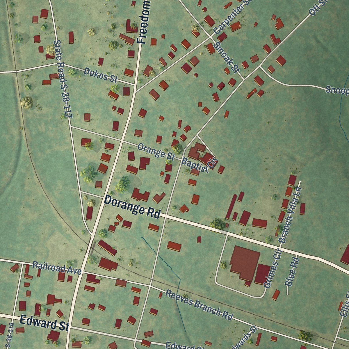 Close-up of the map of Branchville, South Carolina print showing street and building detail