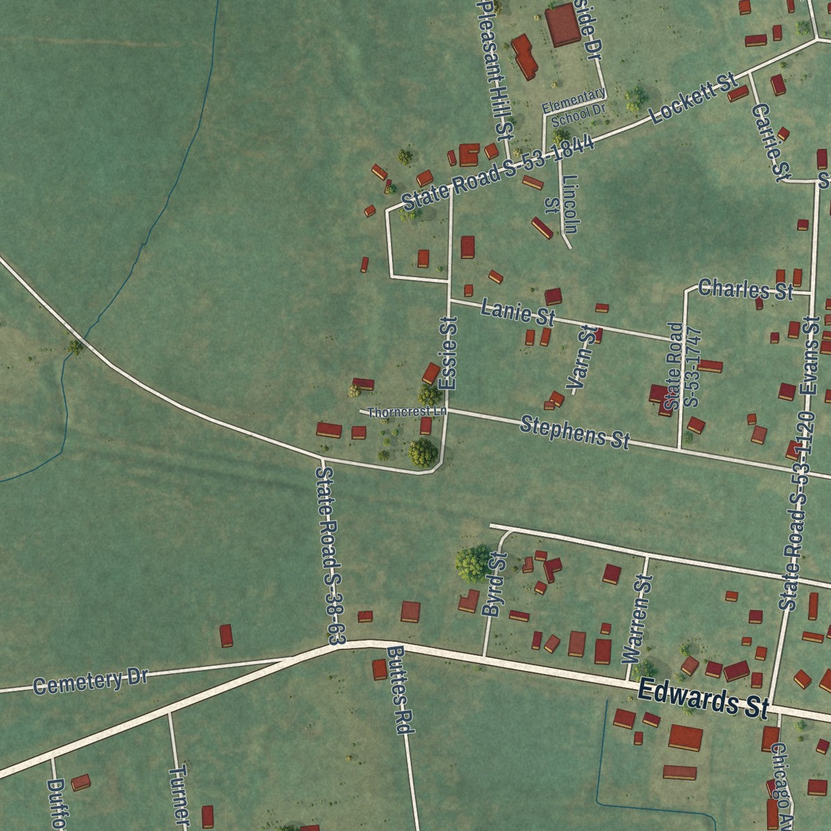 Second close-up of the map of Branchville, South Carolina print showing more streets and buildings