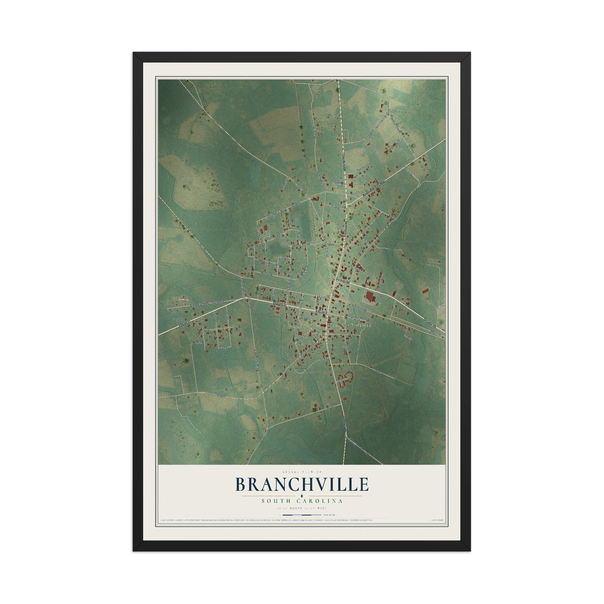 Map of Branchville, South Carolina, 12 x 18 inch print in a black wood frame