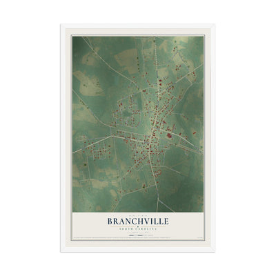 Map of Branchville, South Carolina, 12 x 18 inch print in a white wood frame