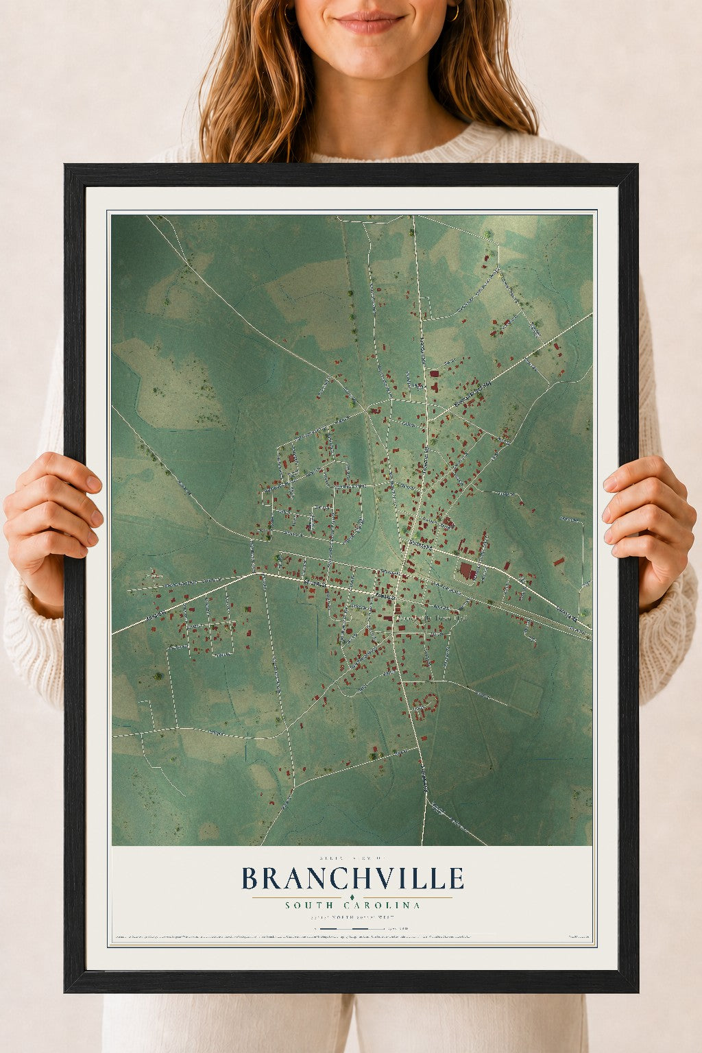 Map of Branchville, South Carolina, 18 x 24 inch print in a black wood frame