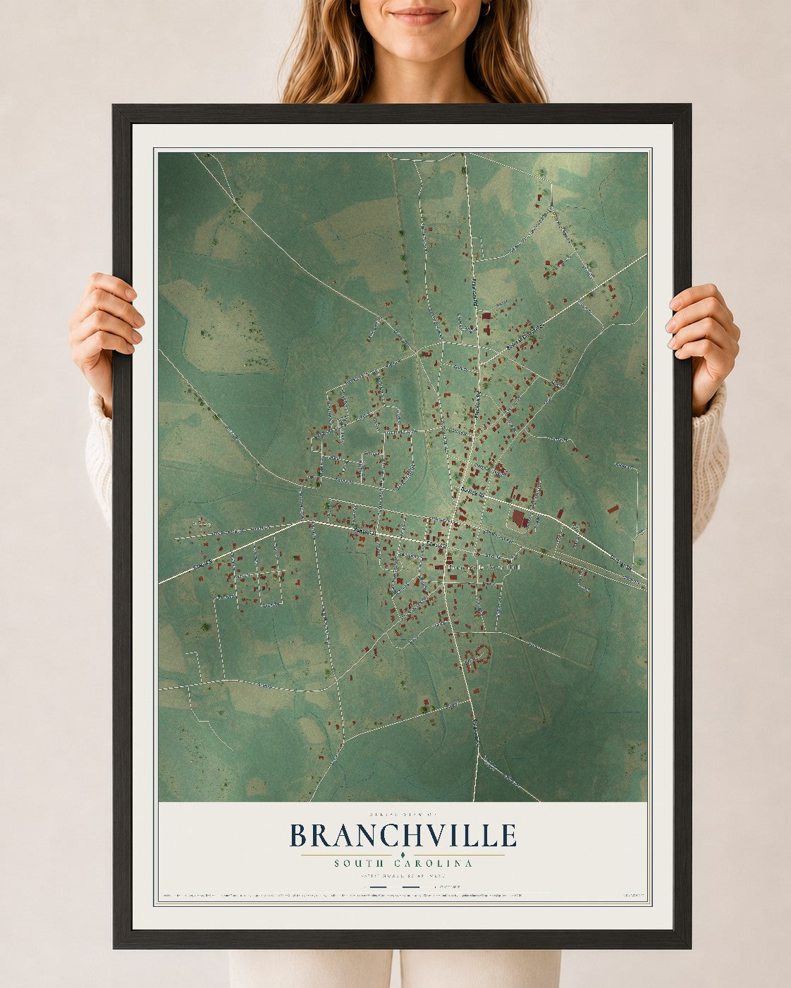 Map of Branchville, South Carolina, 24 x 36 inch print in a black wood frame