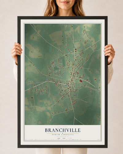 Map of Branchville, South Carolina, 24 x 36 inch print in a black wood frame