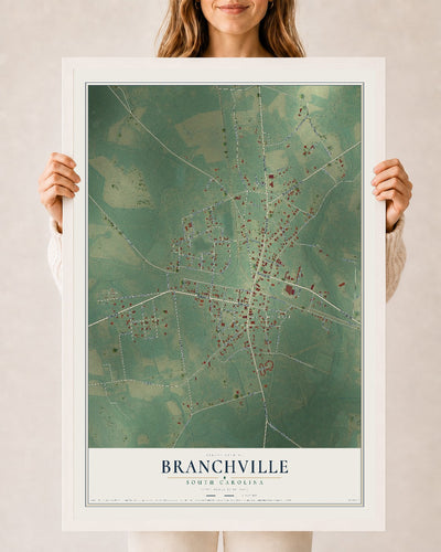 Map of Branchville, South Carolina, 24 x 36 inch print in a white wood frame