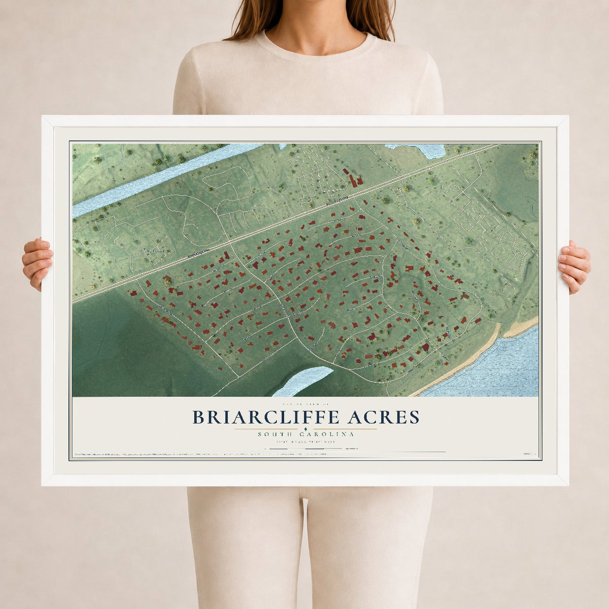 Map of Briarcliffe Acres, South Carolina, 24 x 36 inch print in a white wood frame