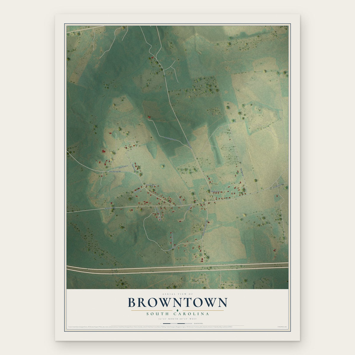 Browntown, South Carolina map print, the full design