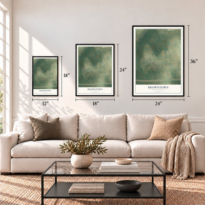 Browntown, South Carolina map in 12 x 18, 18 x 24 and 24 x 36 inch sizes above a sofa
