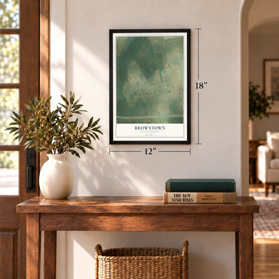 Browntown, South Carolina map, 12 x 18 inch print in a black frame in an entryway