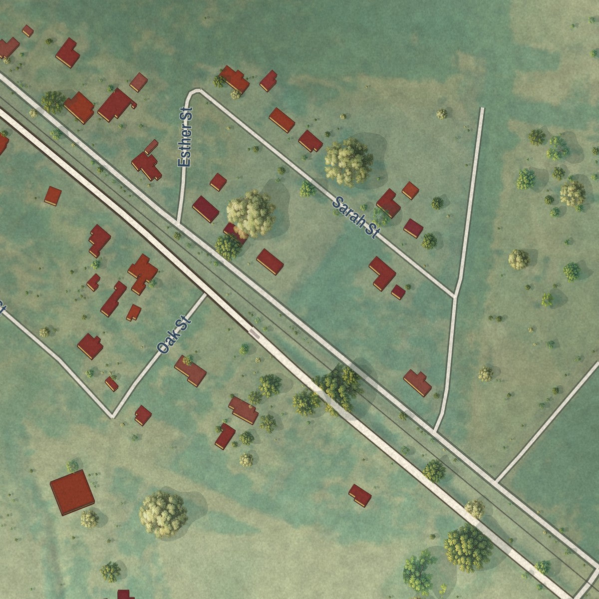 Second close-up of the map of Brunson, South Carolina print showing more streets and buildings