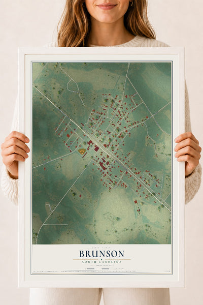 Map of Brunson, South Carolina, 18 x 24 inch print in a white wood frame