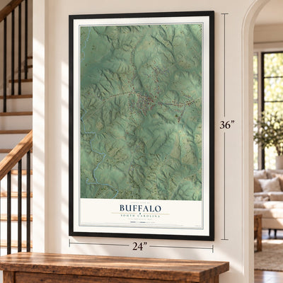 Buffalo, South Carolina map, 24 x 36 inch print in a black frame by a staircase