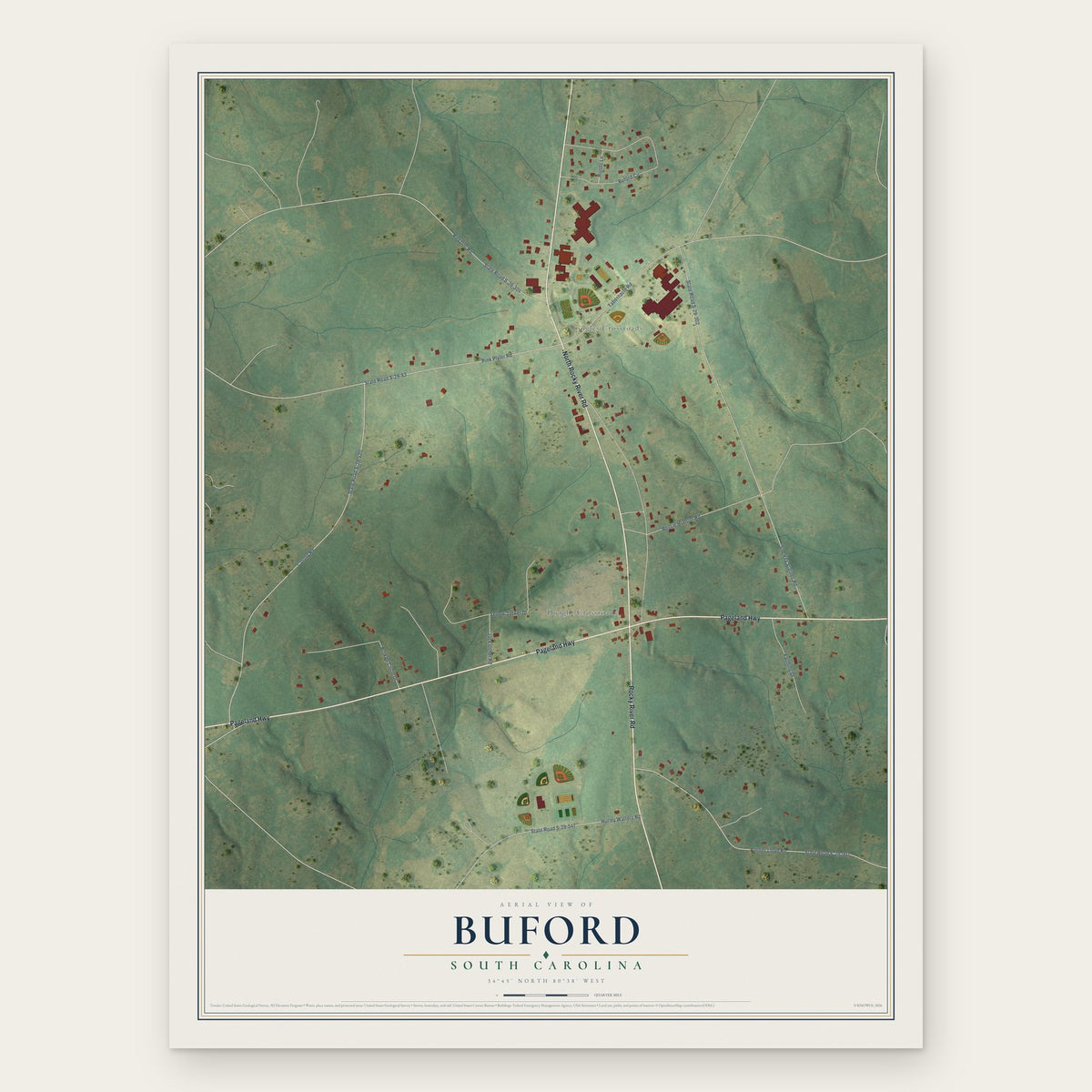 Buford, South Carolina map print, the full design