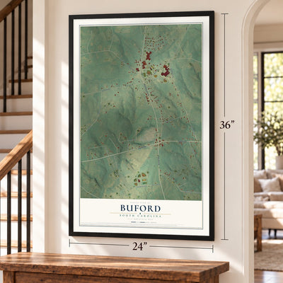 Buford, South Carolina map, 24 x 36 inch print in a black frame by a staircase
