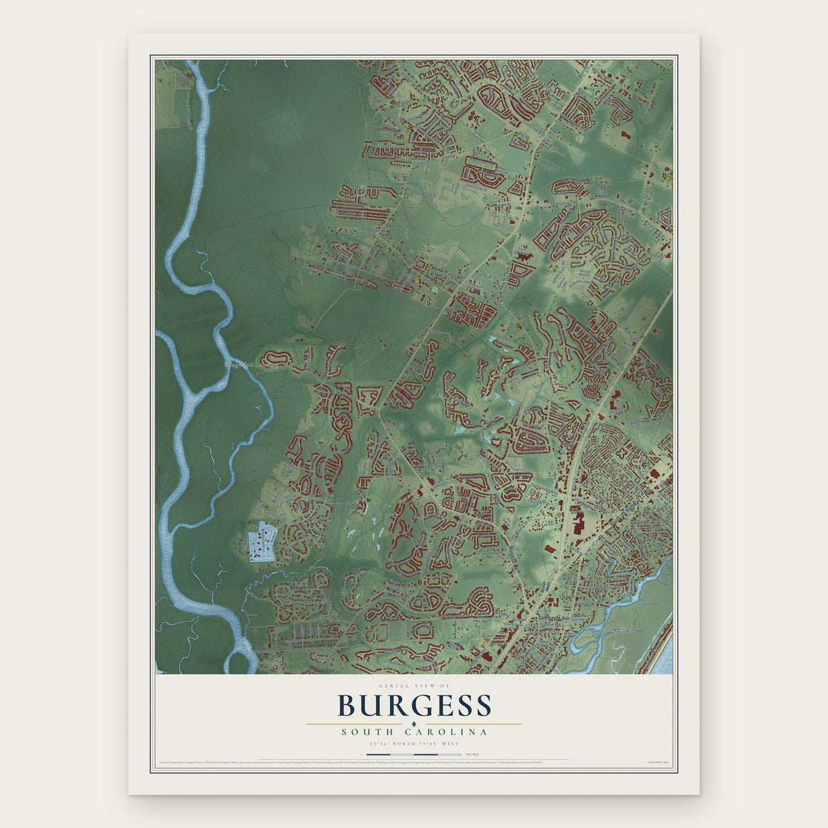 Burgess, South Carolina map print, the full design