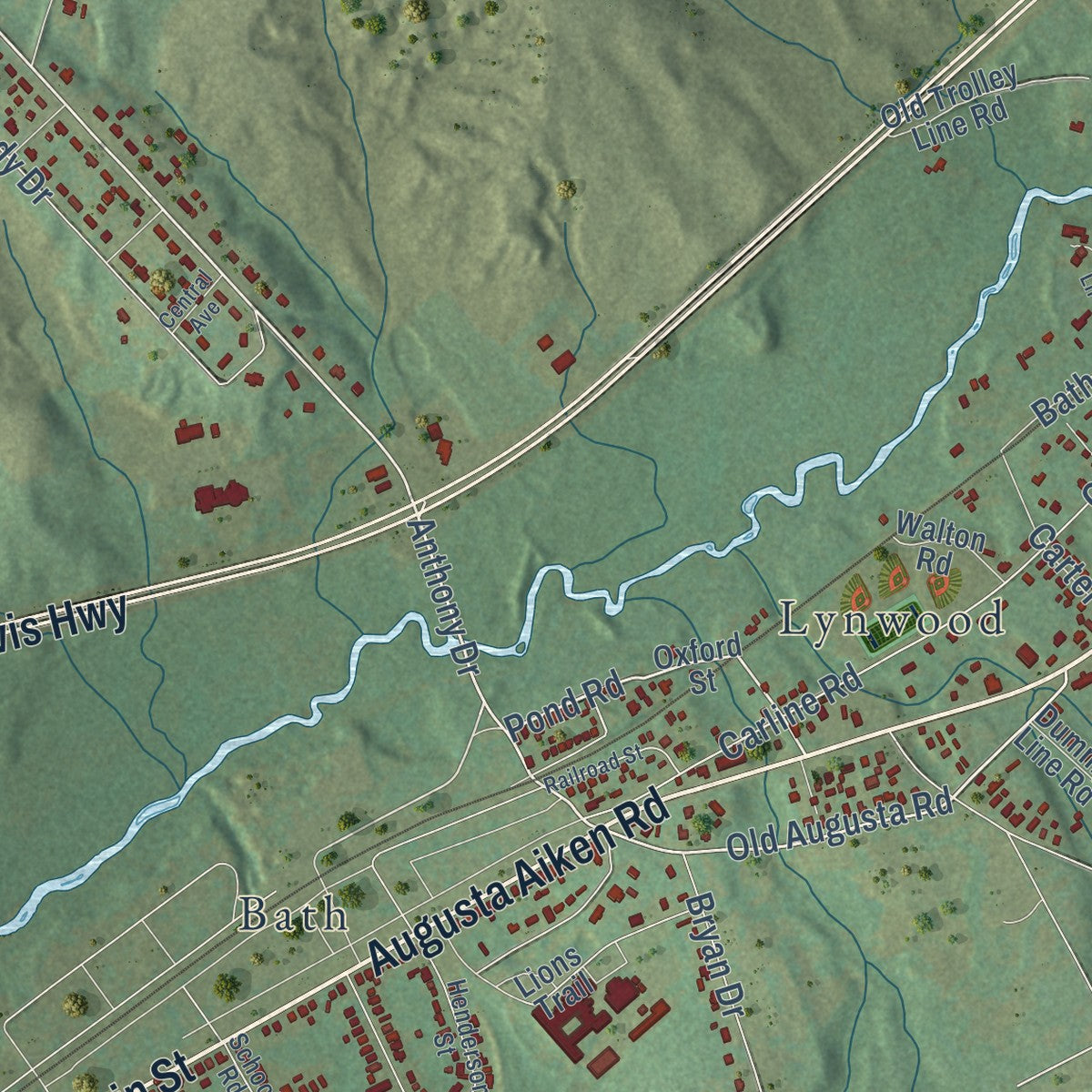 Close-up of the map of Burnettown, South Carolina print showing street and building detail
