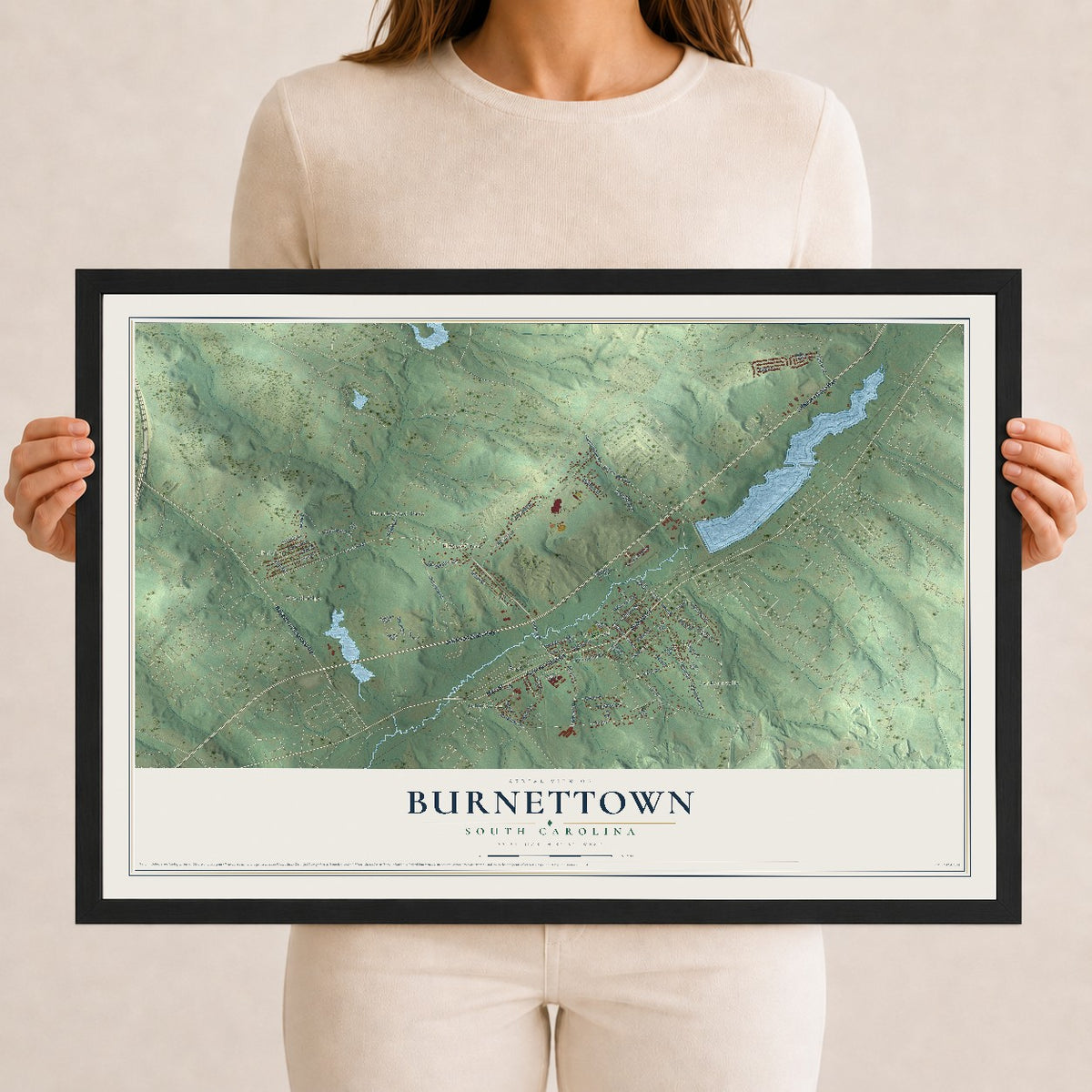 Map of Burnettown, South Carolina, 12 x 18 inch print in a black wood frame