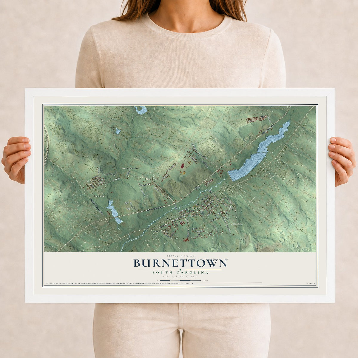 Map of Burnettown, South Carolina, 12 x 18 inch print in a white wood frame