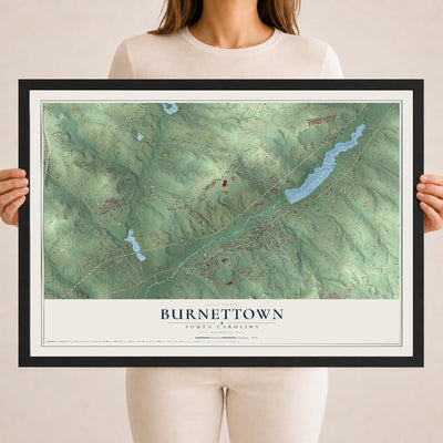 Map of Burnettown, South Carolina, 18 x 24 inch print in a black wood frame