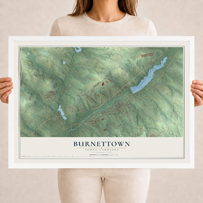 Map of Burnettown, South Carolina, 18 x 24 inch print in a white wood frame