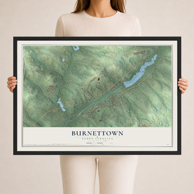 Map of Burnettown, South Carolina, 24 x 36 inch print in a black wood frame