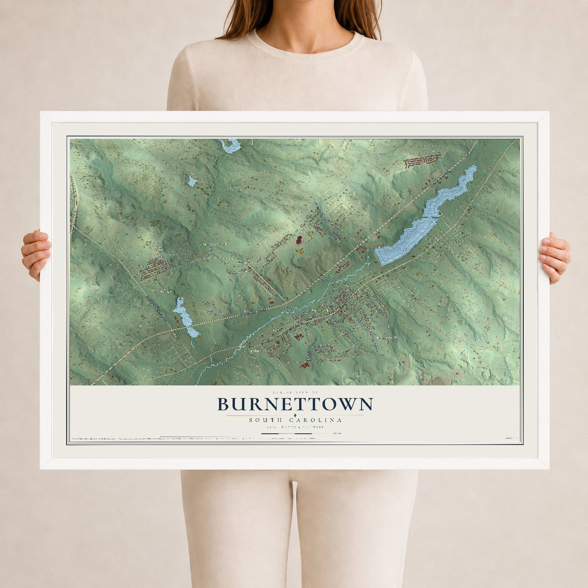 Map of Burnettown, South Carolina, 24 x 36 inch print in a white wood frame