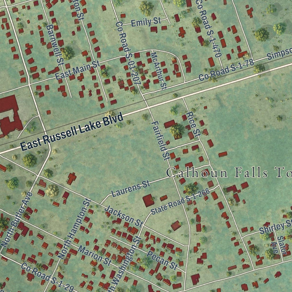 Close-up of the map of Calhoun Falls, South Carolina print showing street and building detail