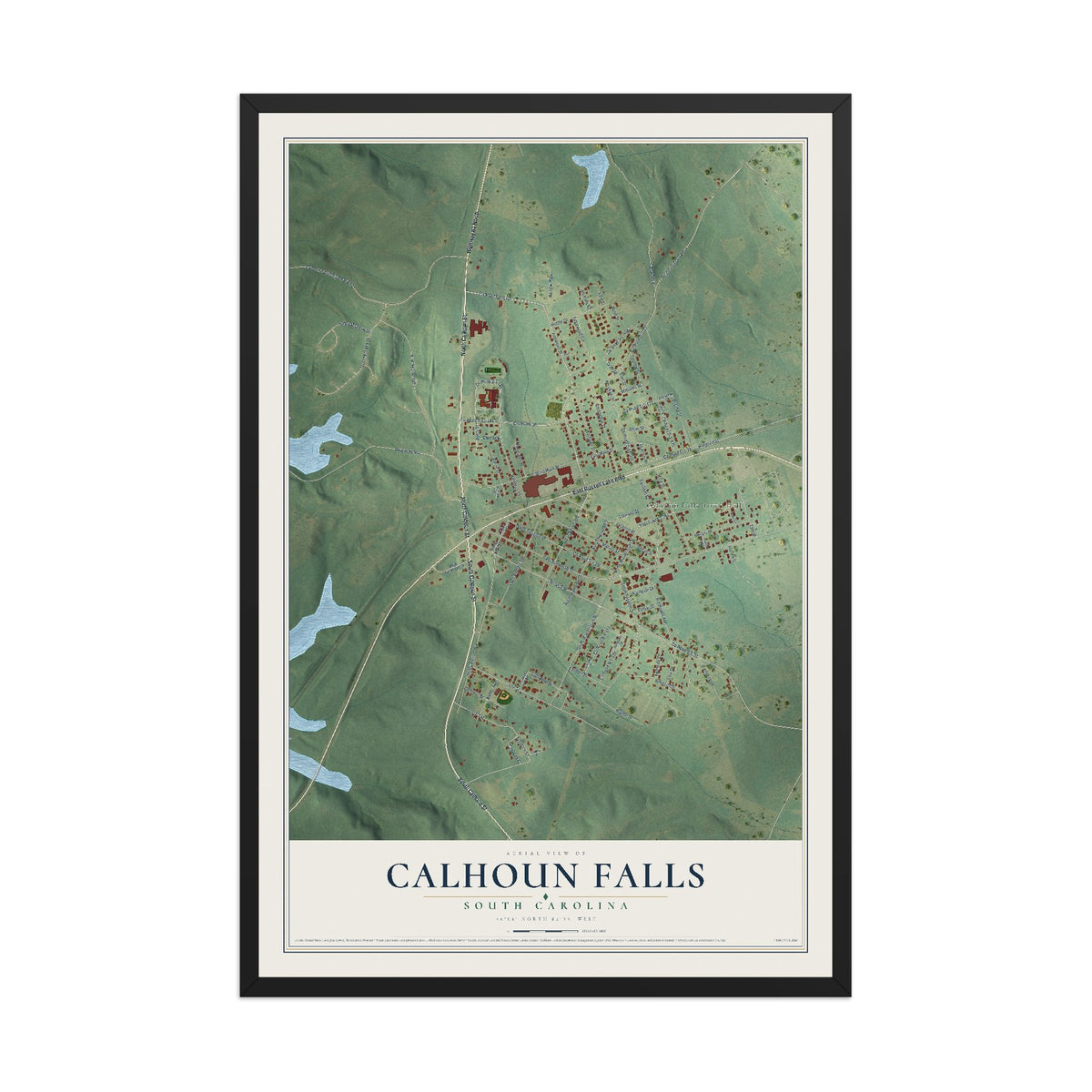 Map of Calhoun Falls, South Carolina, 12 x 18 inch print in a black wood frame