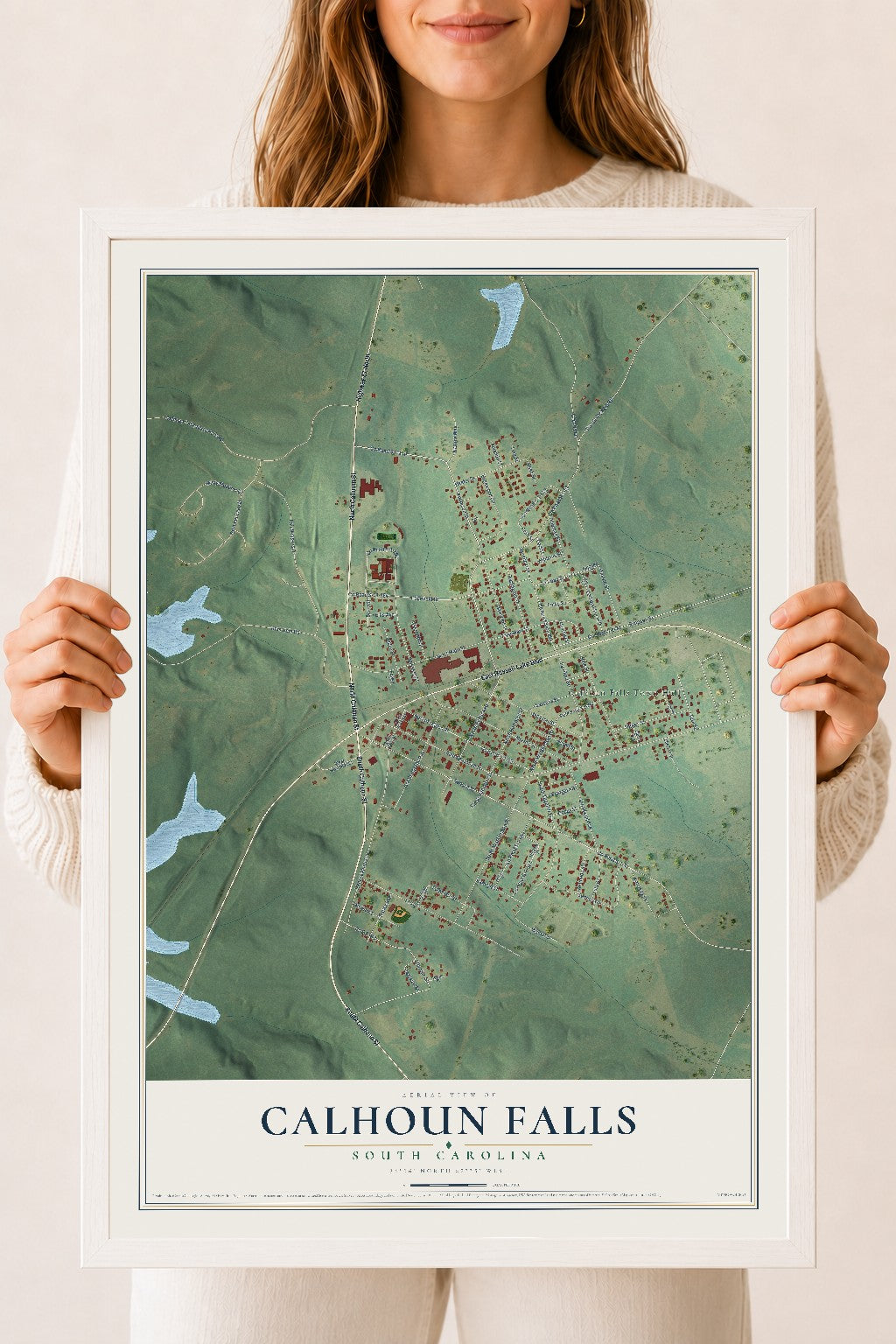 Map of Calhoun Falls, South Carolina, 18 x 24 inch print in a white wood frame