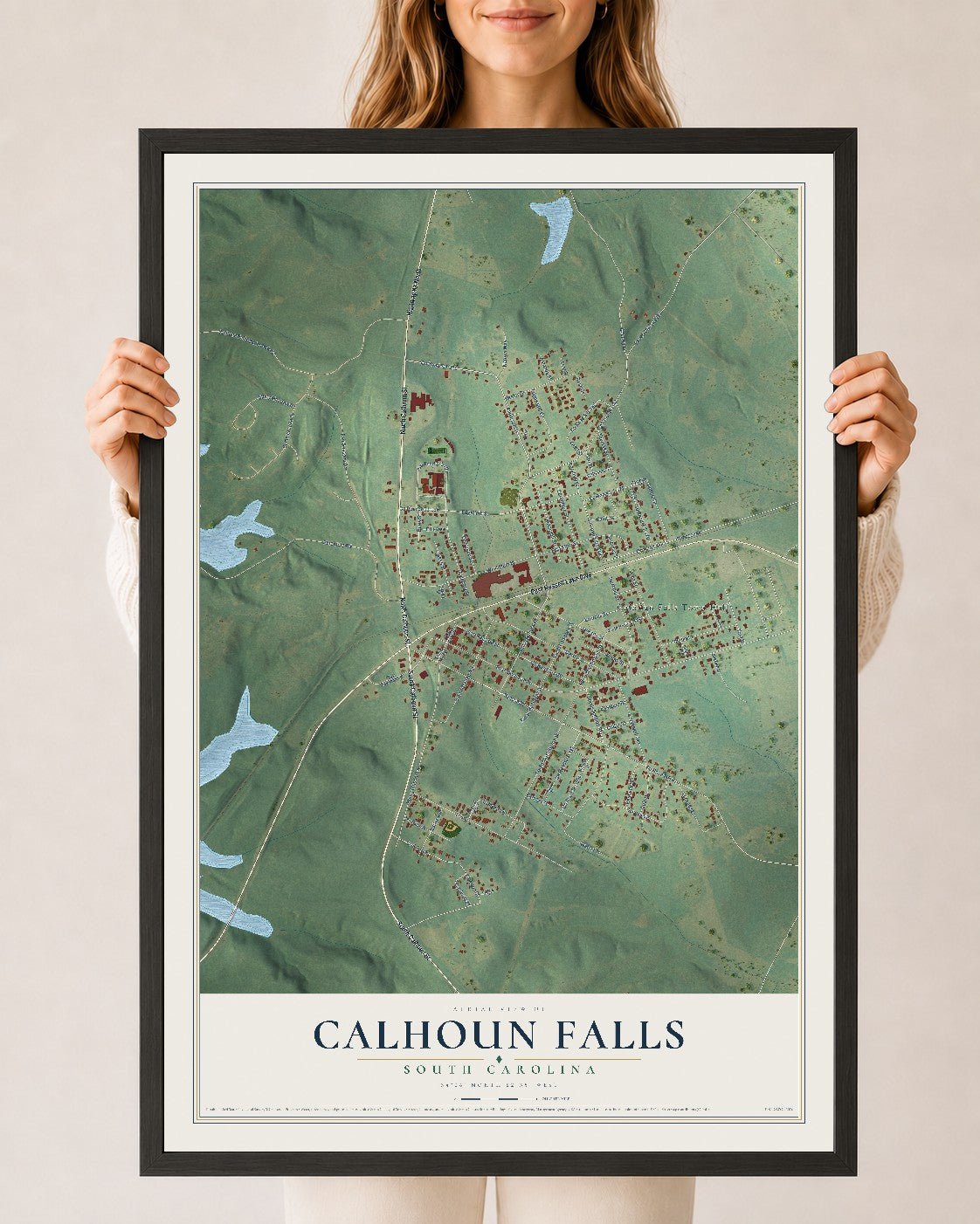 Map of Calhoun Falls, South Carolina, 24 x 36 inch print in a black wood frame