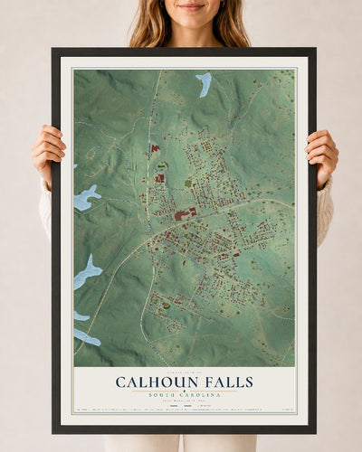 Map of Calhoun Falls, South Carolina, 24 x 36 inch print in a black wood frame