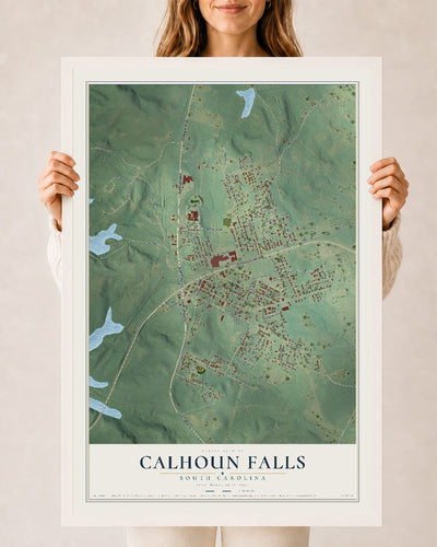 Map of Calhoun Falls, South Carolina, 24 x 36 inch print in a white wood frame