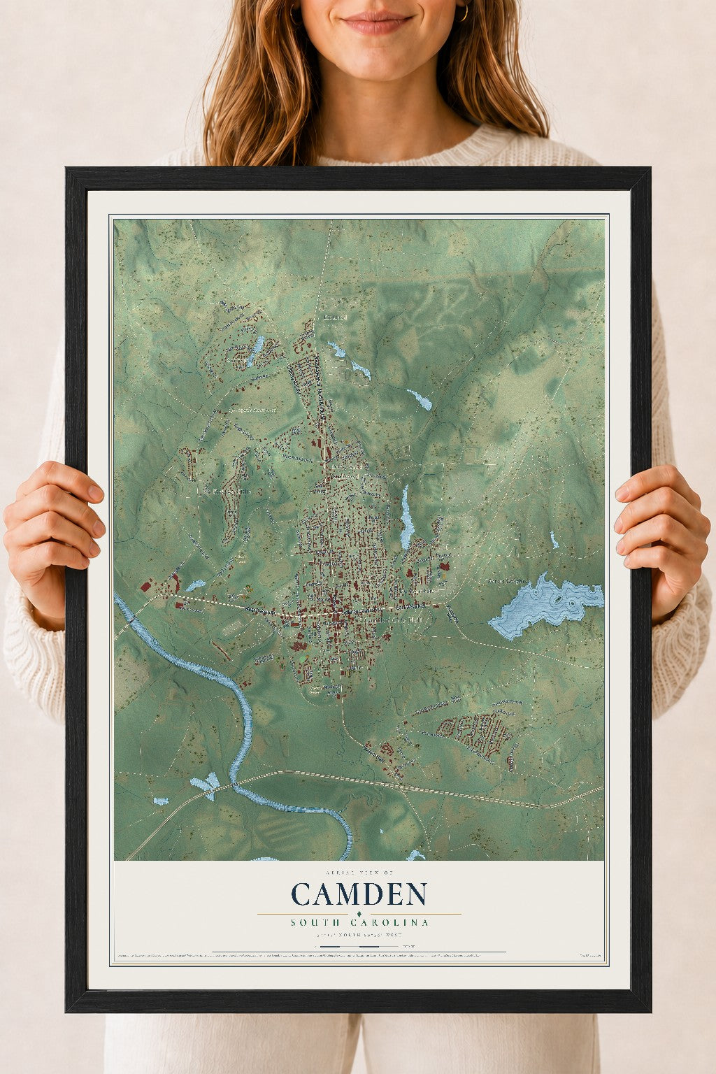 Map of Camden, South Carolina, 18 x 24 inch print in a black wood frame