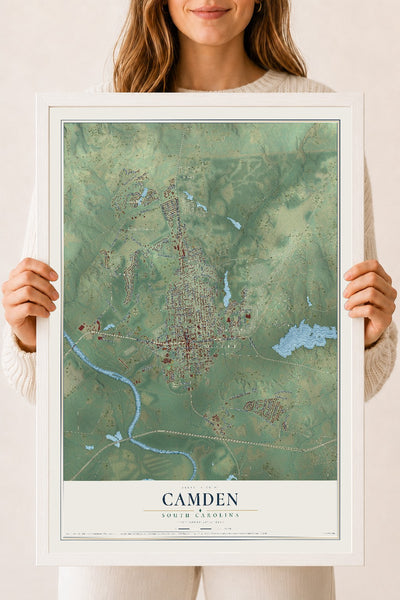 Map of Camden, South Carolina, 18 x 24 inch print in a white wood frame