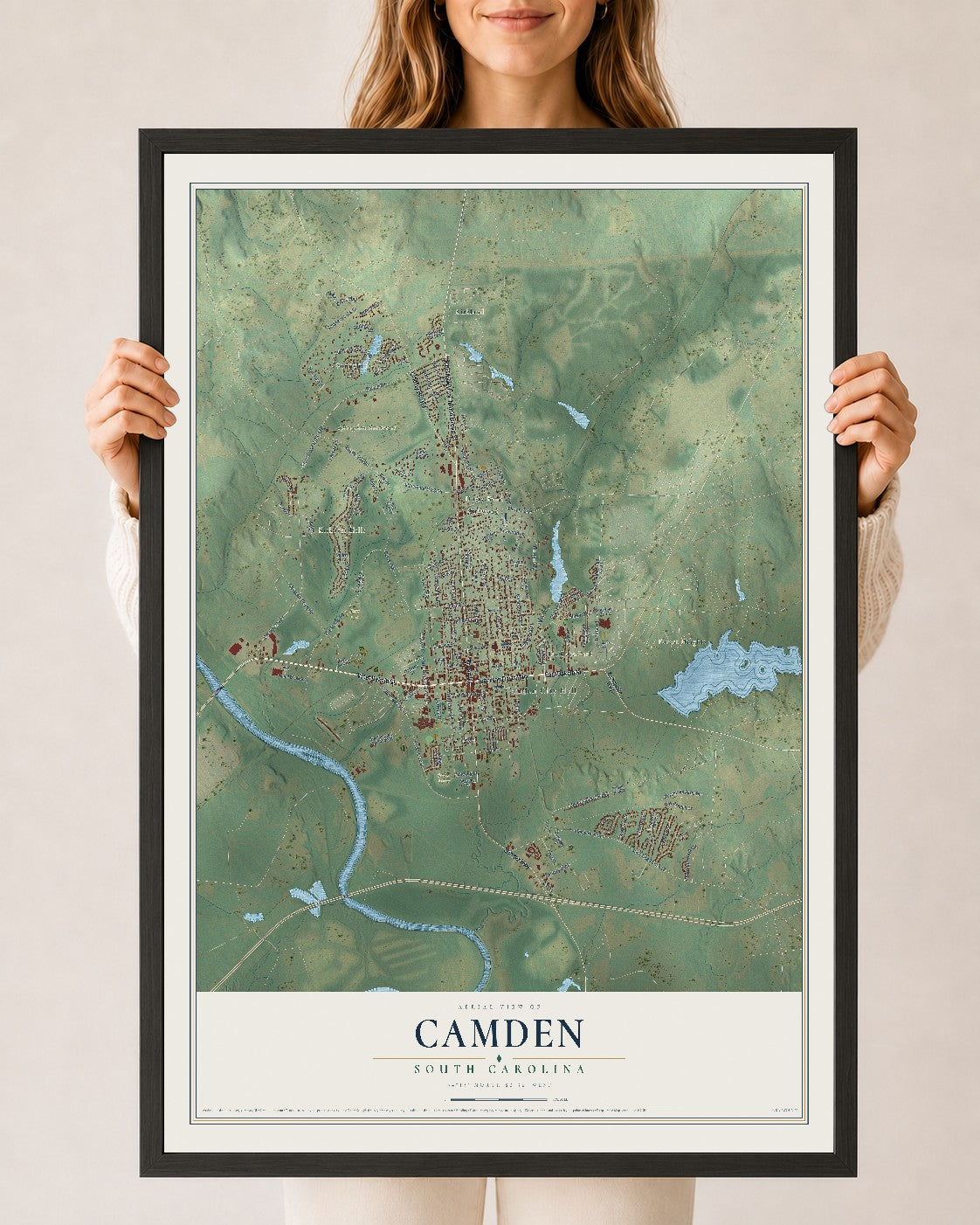 Map of Camden, South Carolina, 24 x 36 inch print in a black wood frame