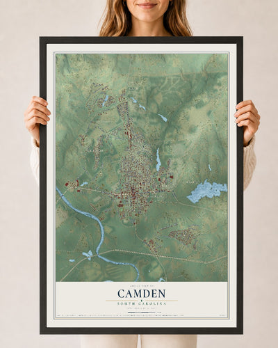 Map of Camden, South Carolina, 24 x 36 inch print in a black wood frame