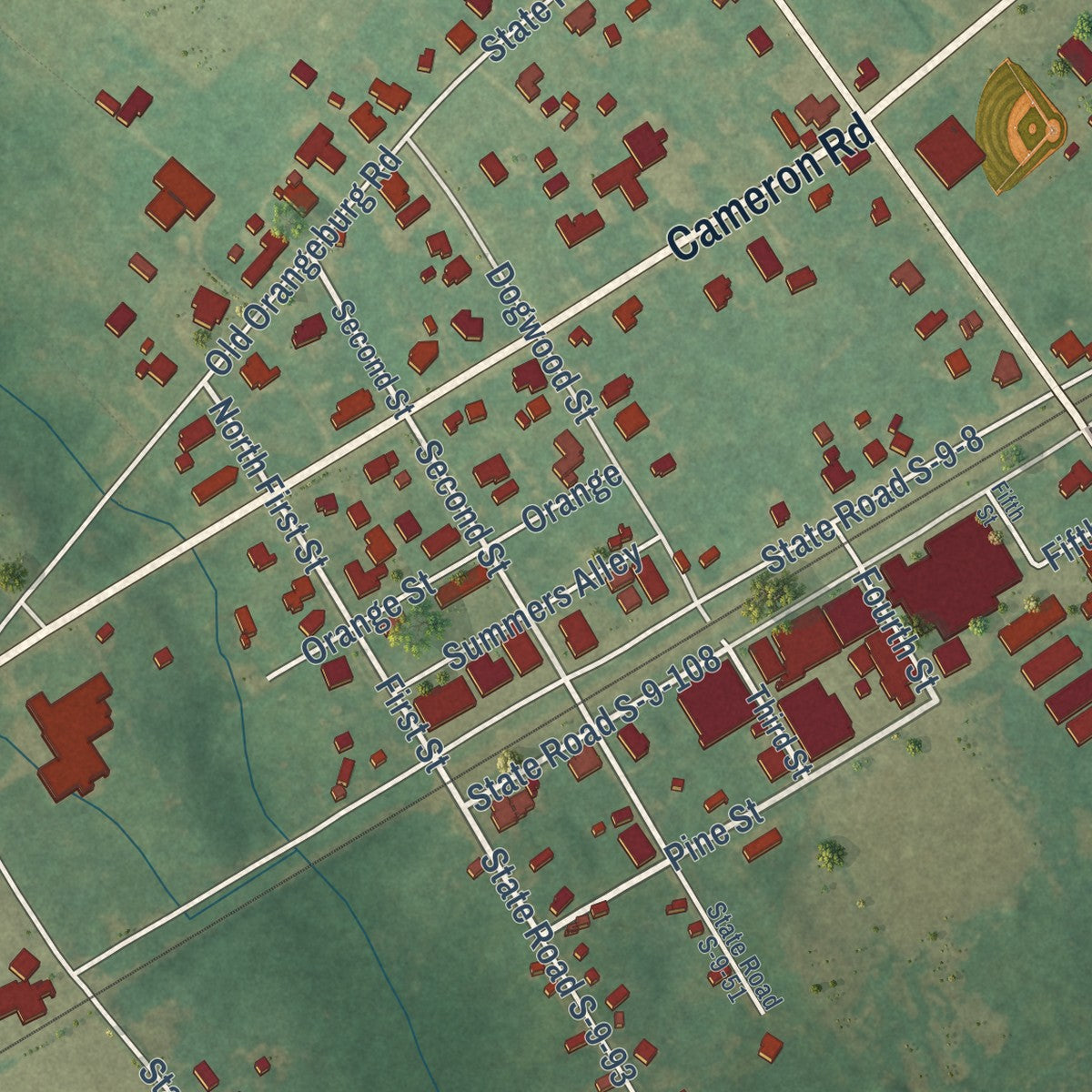 Close-up of the map of Cameron, South Carolina print showing street and building detail