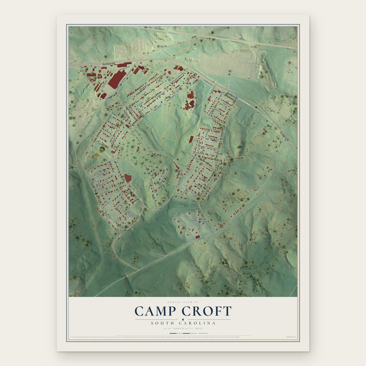 Camp Croft, South Carolina map print, the full design
