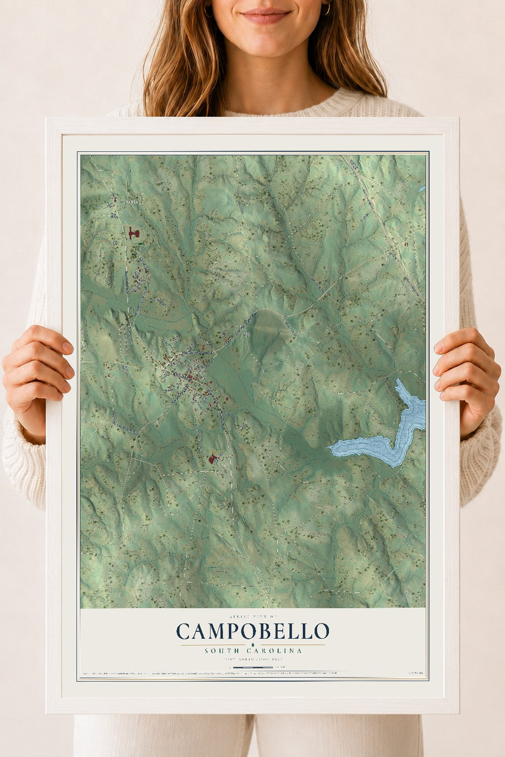 Map of Campobello, South Carolina, 18 x 24 inch print in a white wood frame