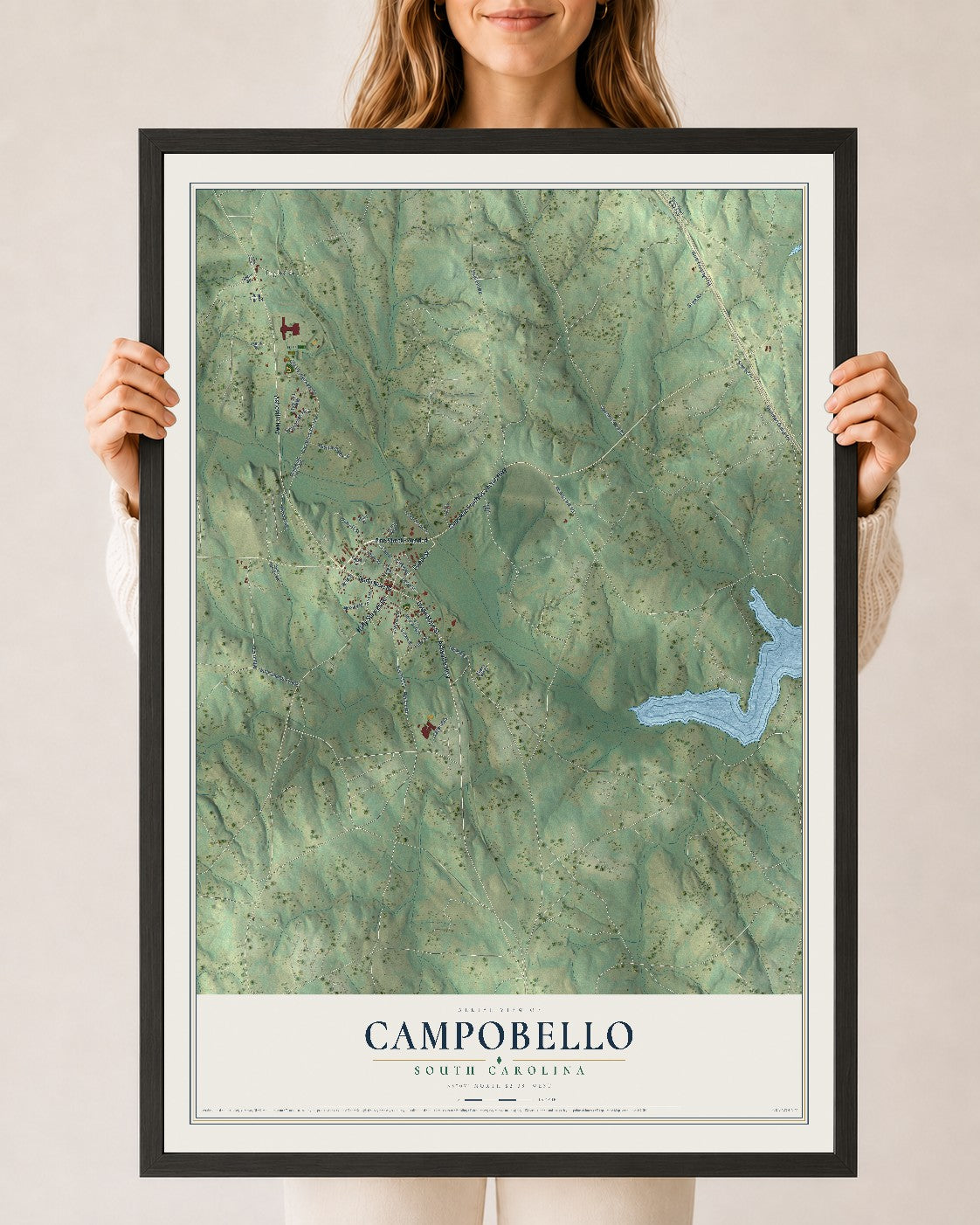 Map of Campobello, South Carolina, 24 x 36 inch print in a black wood frame