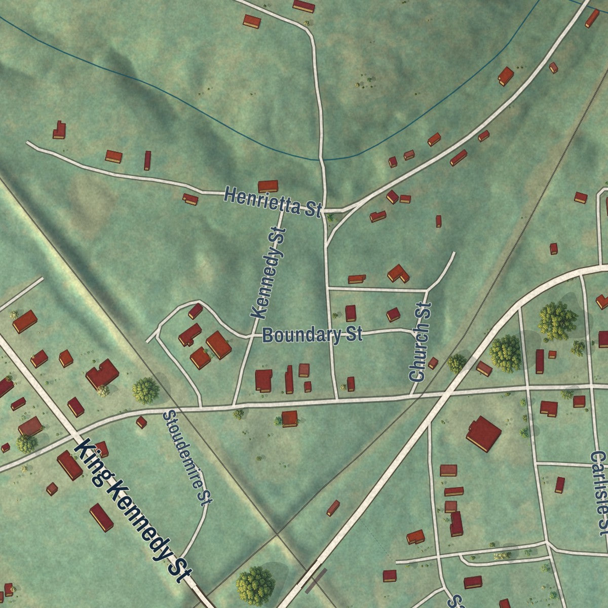 Close-up of the map of Carlisle, South Carolina print showing street and building detail